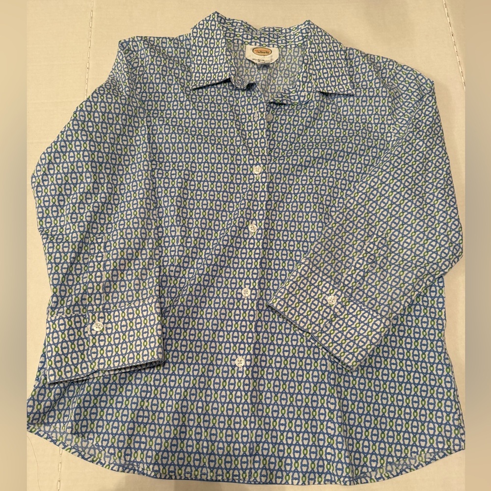 Talbots Women’s Geometric Blue and Green Blouse Size 10 Wrinkle Resistant